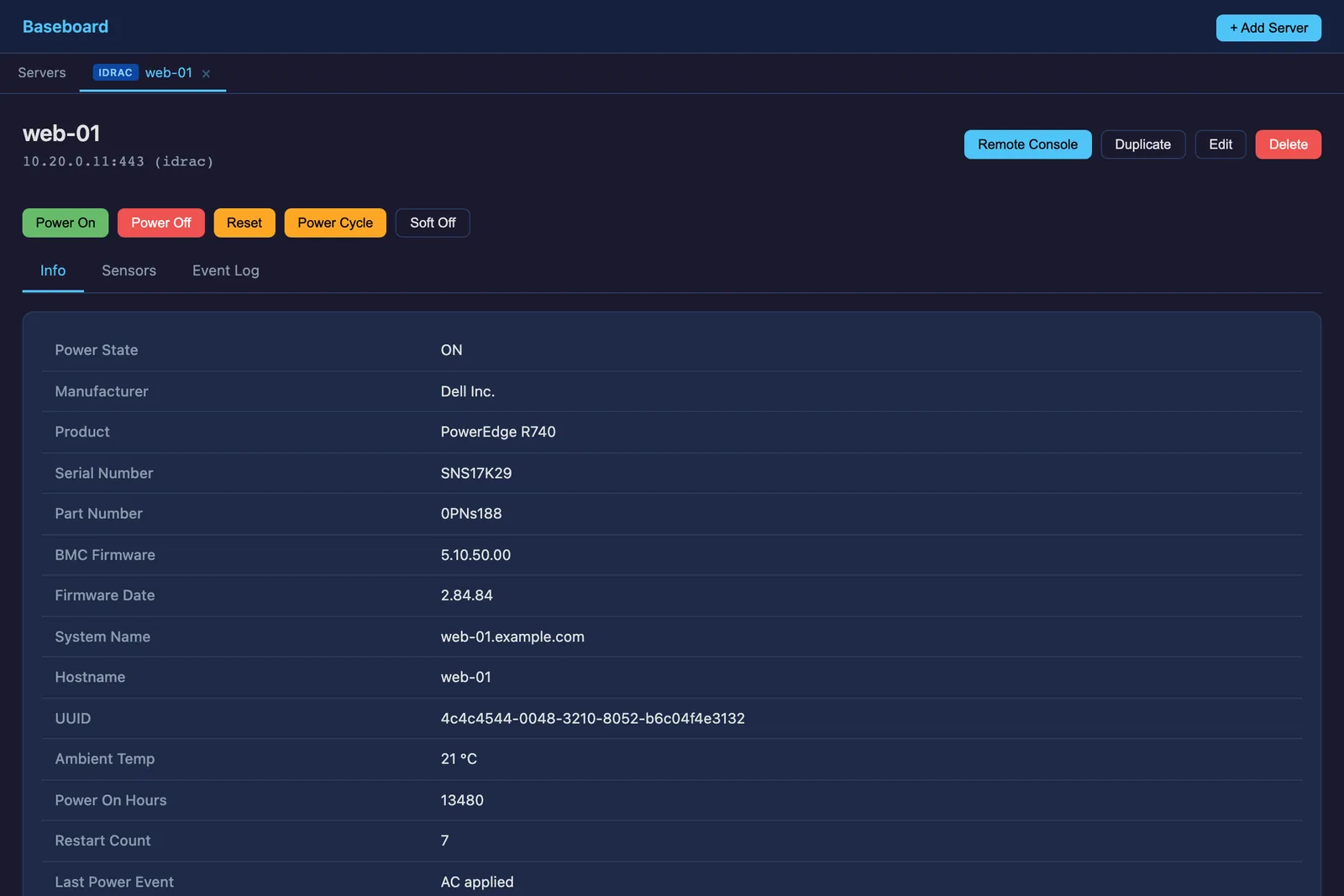 A server's detail page with power controls and hardware information