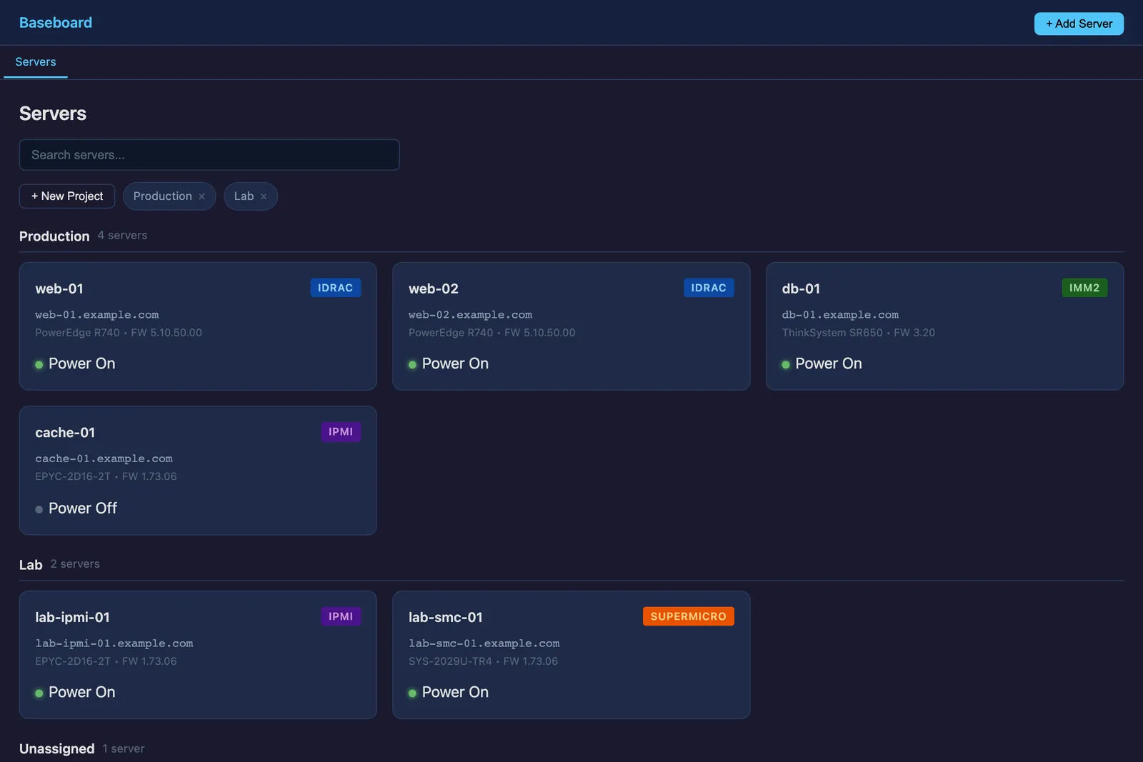 The Baseboard dashboard listing servers by project with their power state