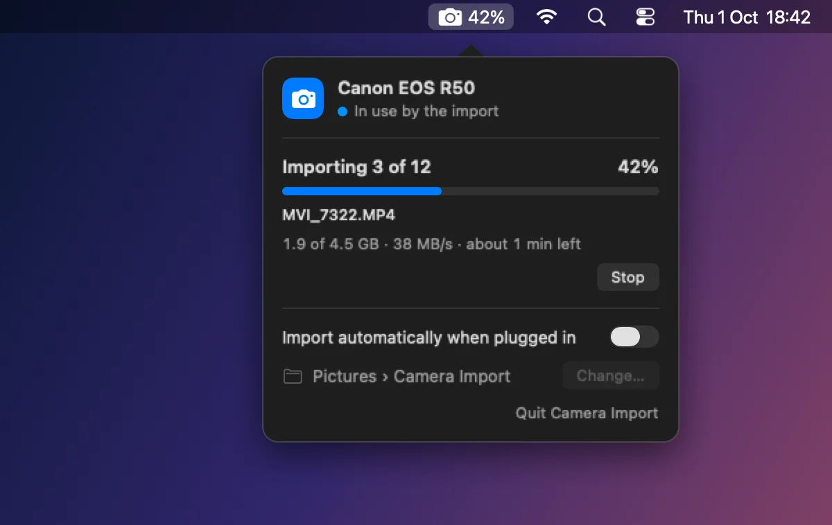 The Camera Import panel open under its menu bar item, importing file 3 of 12 at 42 percent