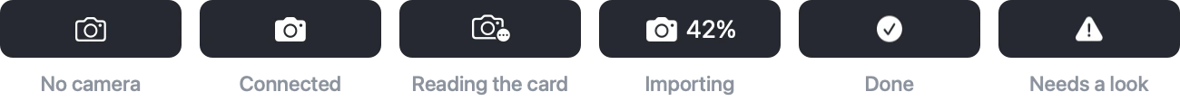 The menu bar item's states, from no camera to done
