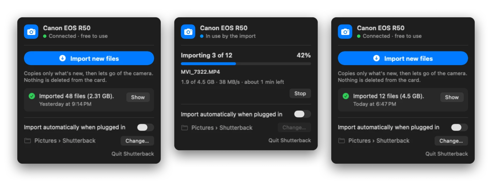 The panel ready to import, importing, and done