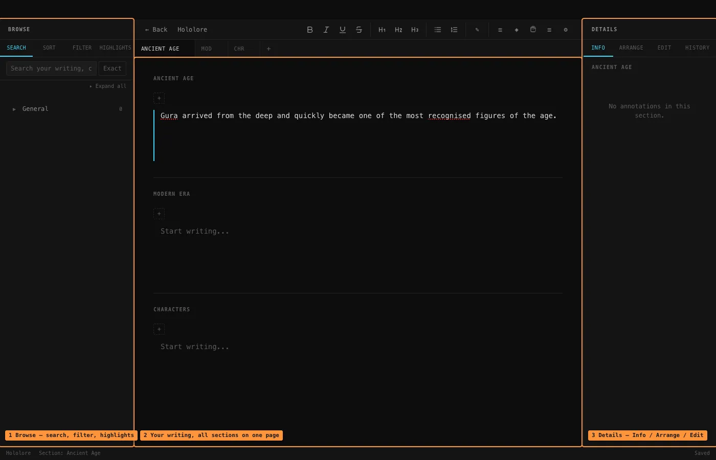 The TotoNote editor with sections, tags and a details panel